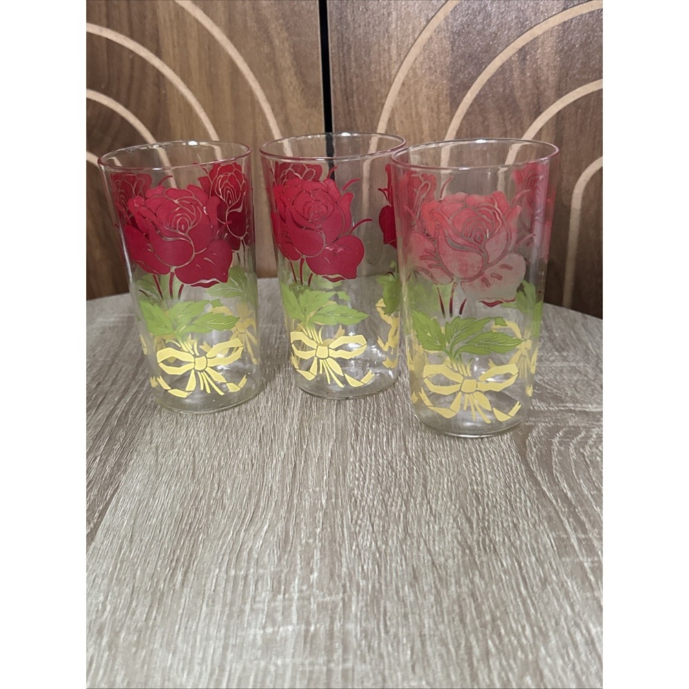 Vintage Retro Rose w/ Bow Floral Drinking Glasses Tumblers Set of 3 - 8.5 oz.